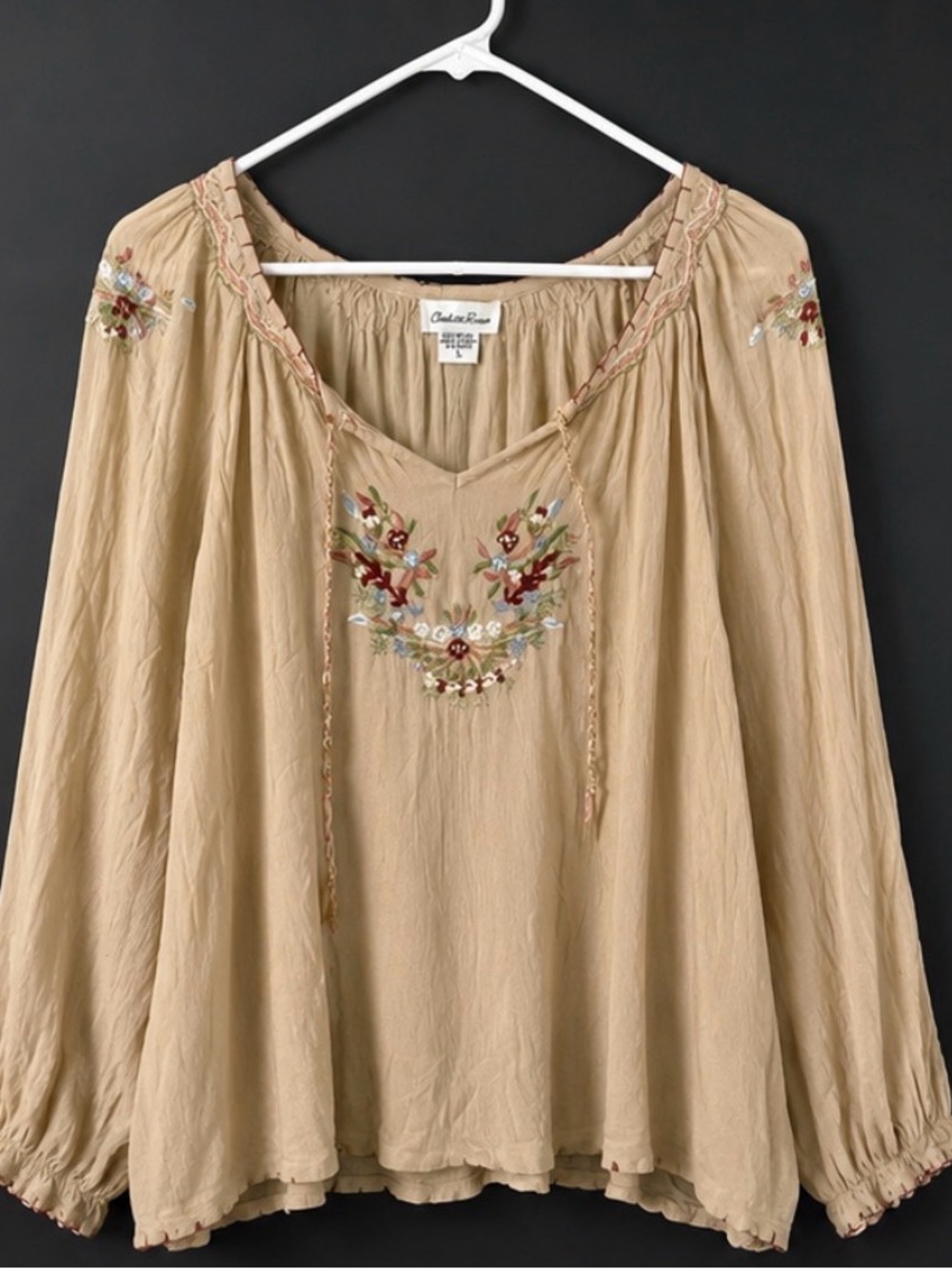 Boho Embroidered Peasant Blouse Beige Floral Long Sleeve Top Size L